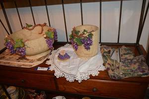 lot 149 image: Grape Design Serving Items and Vase, Includes Serving Knives marked EP on Zinc