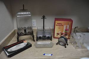 lot 243 image: Glass Beverage Dispenser, 4-Part Caddy, Holiday Serving Set and More
