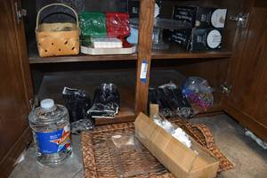 lot 245 image: Square Basket Serving Tray, Plasticware, Plastic Champagne Glasses, Pedestal Cake Plate, and More