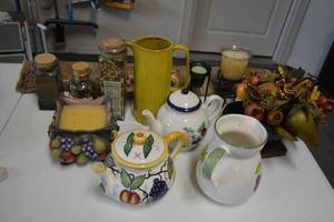lot 376 image: Ceramic Teapots, Candles, Pitchers, Table Runner and Home Dcor