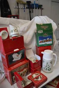 lot 384 image: Home for the Holiday Dishes, Candle Holders, salt and pepper shakers, and Ceramic Light-Up Train Set