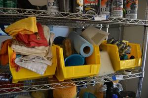 lot 407 image: Outdoor Faucet Attachment and Covers, Cleaning Rags and Towels
