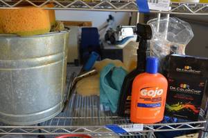 lot 409 image: Metal Bucket, Squeegees, Gojo Orange Cleaner, Auto. Paint Chip Repair