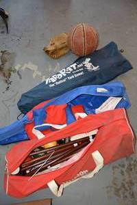lot 424 image: Croquet Set, Corn Hole Bean Bags, YardRat Game, Basketball and Softball Glove