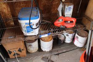 lot 666 image: Black & Decker Hedge Trimmer, Paint Cans, Wire Box, Paint Thinner and Grout