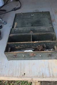 lot 689 image: Vintage Wooden Toolbox with Tools