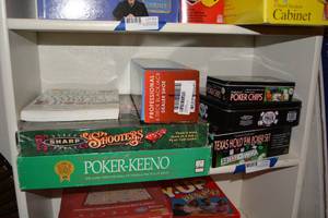 lot 55 image: Casino Gambling Book, Blackjack Dealer Shoe, Sharp Shooters, Poker chips and Poker-Keeno