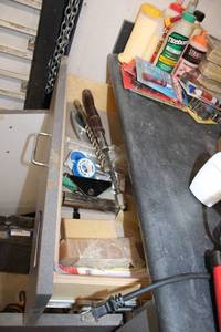 lot 593 image: Drawer Contents - Tools - Vintage Quick Screws, Tephlon Tape, Sander Blocks