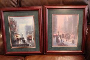 lot 714 image: Arkwork Rainy Trolley Print and Horse and Buggy Winter City Scene 15W x 17.5H each