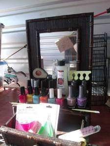 lot 9 image: New, or Barely Used Nail Polish, Color Club, OPI, Morgan Taylor to name a few. Small Bamboo Vanity with Drawer, New Files, Clippers, Remover and Much More