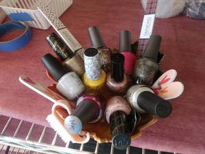 lot 12 image: New Or Barely Used Nail Polish, OPI (Hello Kitty & Real Sand), Morgan Taylor, Ceramic Dish and New Nail tools