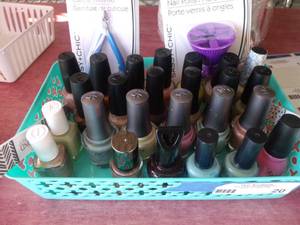 lot 20 image: Basket Full of NewBarley Used Nail Polish (OPI, Morgan Taylor, Color Cube) and New Nail Tools