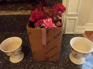 lot 28 image: Artifical Flowers with Decorative Reticulated Planters