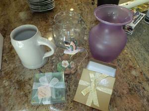 lot 59 image: Vases, Octoberfest Mug, Glass Coasters Says LOVE (NIB), Pictured as Shown