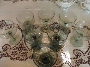 lot 67 image: Lenox Green Crystal with Flower in the bottom of the glass, Custard Cups, These have a few in a darker shade, seller replaced the after a fire. Matches Lot 66