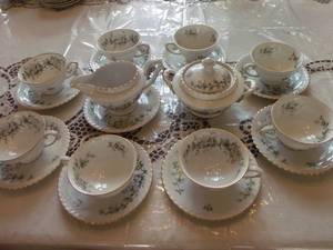 lot 5 image: Beautiful Franconia China Hawthorn 8 Teacups and Saucers, 1 extra Saucer, 1 Creamer & 1 Sugar Bowl Gold Rimmed Matches Lot # 68 & 69