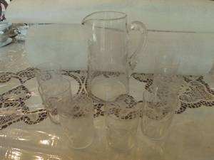 lot 70 image: Etched Clear glass Juice Pitcher and Glases