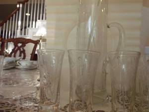 lot 71 image: Etched Clear Glass Martini Pitcher and Glass Set