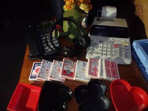 lot 100 image: Mixed Lot, Working Telephone, Adding Machine Several Decks of Playing Cards and Chip bowls