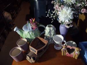 lot 103 image: Ceramic Planters, Valentines Photo Frame, Candle and Ceramic Watering Can, and Flowers