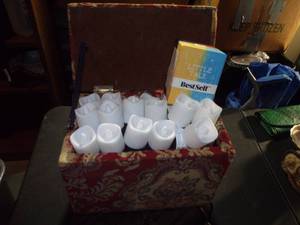 lot 138 image: Vitage Footstool Storage, Lot of Battery Votives, and Little Talk Questions for Kids Cards