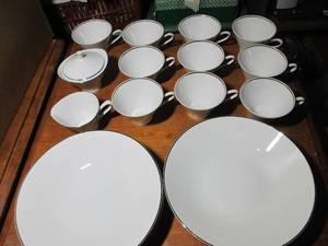 lot 303 image: Beautiful White China with Silver Rim 12 Tea Cups and 6 SoupSalad Bowls. No Chips or Cracks, See Photos