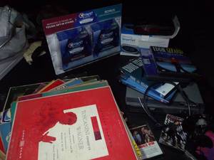 lot 178 image: Mixed Media Lot, Dvds, Cassettes, Vinyl.. Headphones, DVD player, Crest tooth whitening system
