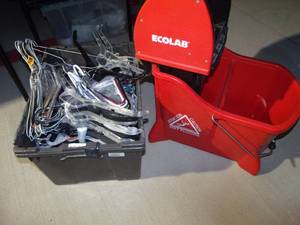 lot 185 image: Commercial Mop Bucket and tub FULL of Hangers