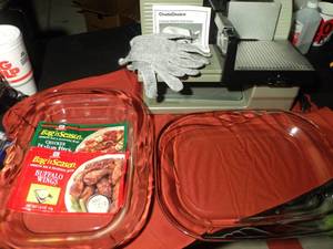 lot 201 image: Chefs Choice Meat slicer, Owners Manual and Cutting Gloves Included, Well cared for, Clear Glass Baking pan Approx 11x7 and Serving Platter