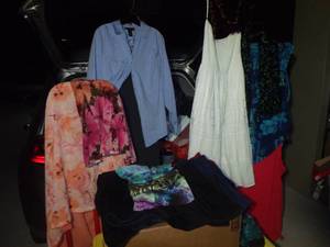 lot 202 image: Womans Clothing Blouses, Skirts, Slacks and Sandals Sizes XLXXL Sandals Size 12