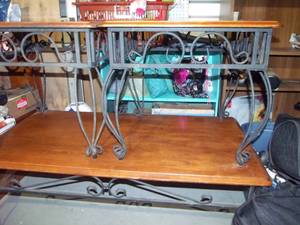 lot 213 image: Coffee Table and Two Matching End Tables, .. Metal Ornate Bases with solid wood Tops