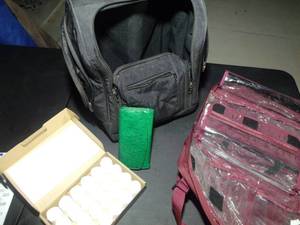 lot 218 image: Rolling Carry-On Suitcase and travel Freedom Bag Make-up Case, Green Ostrich Wallet and Box of New LED Votive Candles