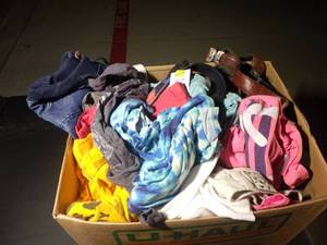 lot 216 image: Generous Box of Womens and Childrens clothing and belts