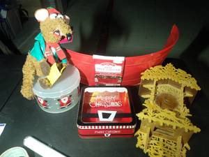 lot 217 image: New Christmas Tree Colar and other Christmas Items and a very Detailed Wooden Wall Clock Base Project, See pictures