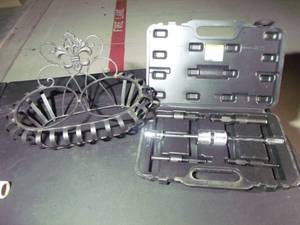lot 219 image: Metal Pet Food and Water dish Holder and Slide Hammer  Bearing Puller Kit in plastic case