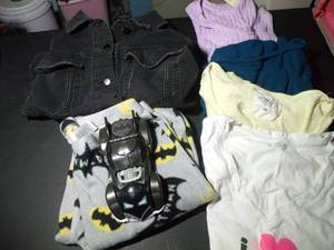 lot 248 image: Womans Clothing, Including Denim Half Jacket and Batman Lounge Pants and Car, as shown Variety of Sizes SM-XL
