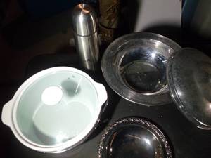 lot 257 image: Silver Plate serving items, Small Thermos, and White Serving Dish with Stand