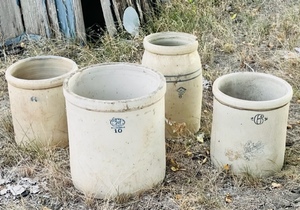 lot 84 image: Four 6-10 Gallon Ceramic Crocks- All With Defects ( See Pictures )