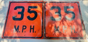 lot 129 image: Two vintage Wooden 35 M. P. H. Speed Limit Signs