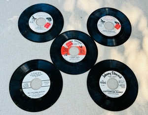 lot 133 image: Five Vintage Johnny Stewart Game Call and One Lynchs 45 Records - Wild Jack Rabbit Screaming, Cottontail Rabbit, A Single Crow, Chicken Distress Cries, &amp Red Fox Puppies