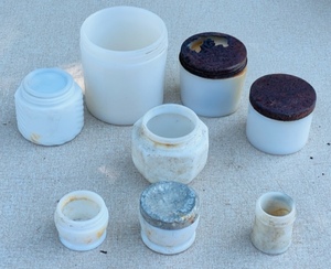 lot 147 image: Eight Vintage Milk Glass Jars - Including Anchor Hocking, Dorothy Grey, Mentholatum Pharmacy Jar, Nivea, &amp Woodbury Powder Base Foundation Cream