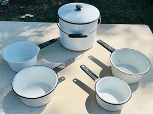 lot 155 image: Four Vintage Enamelware White With Black Trim Sauce Pans &amp One Stockpot WLid