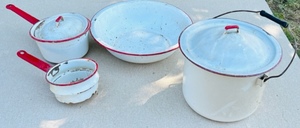 lot 156 image: Four Vintage Enamelware White With Red Trim Pans &amp Stock Pot