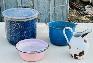 lot 159 image: Four Vintage Enamelware Stock Pots, Pan, Spoon, &amp Pitcher Made in Germany