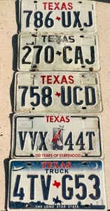 lot 302 image: Lot Of Five Vintage Texas License Plates