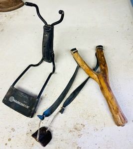 lot 329 image: Wonderful 70 Year Old Hand Made Sling Shot W Vintage Marksman Sling Shot