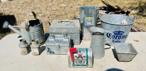 lot 330 image: Vintage Lot of Assorted Corrigated Metal Items W Metal and Copper Watering Can With Sprinkler Head & Corona Bucket