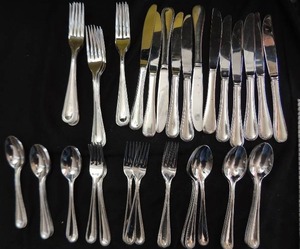 lot 382 image: GORHAM SILVERWARE - RIBBON STAINLESS - 12 KNIVES, 12 DINNER FORKS, 11 SALAD FORKS, 10 TABLESOUP SPOONS, 10 TEASPOONS