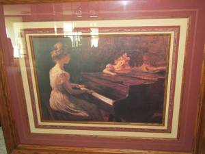 lot 38 image: Songs of childhood framed photo, lady playing Piano with child. 3940