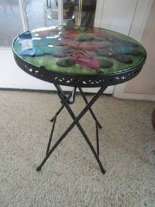 lot 62 image: 2014 foldable stain glass top table with butterfly dcor on top very nice